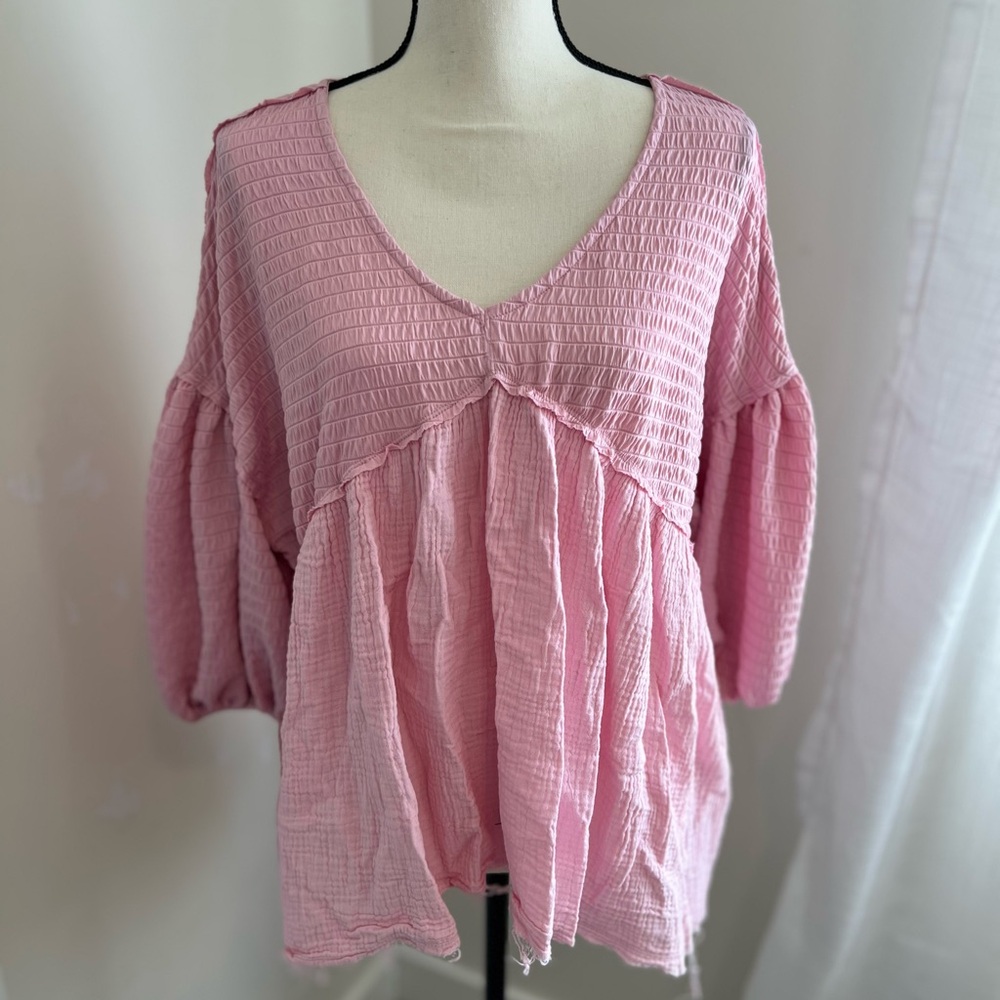 Boheme Pink 3/4 Sleeve Smocked Blouse
